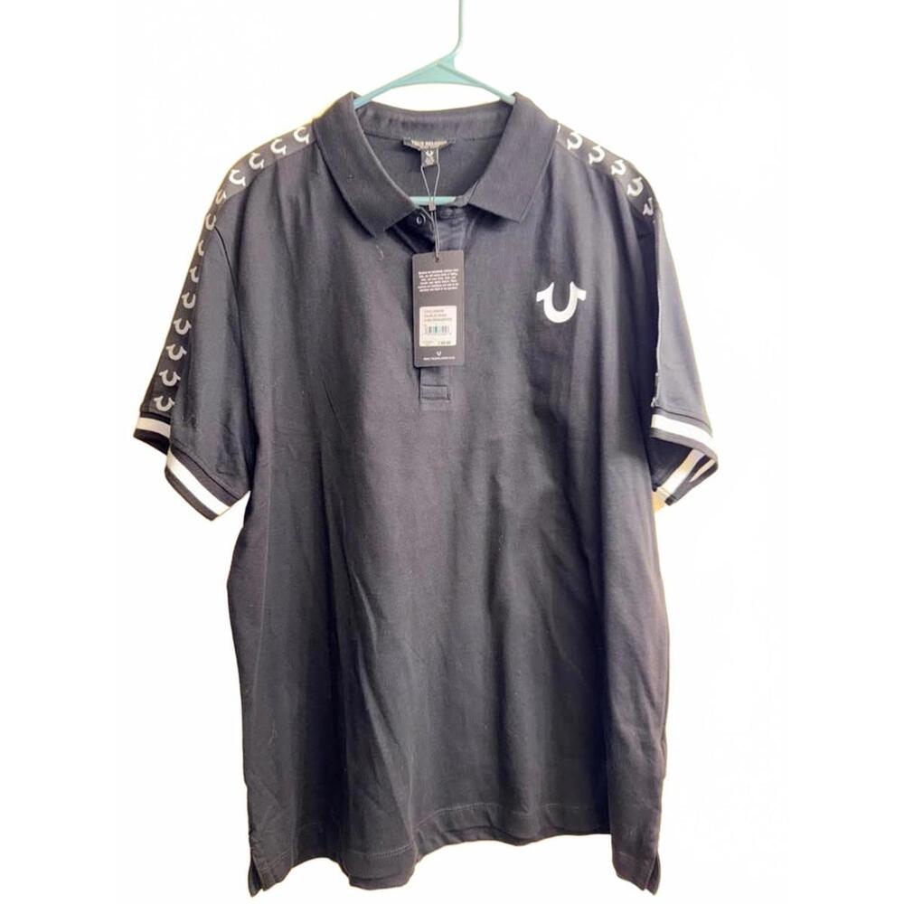 True‎ Religion Black TR Logo Trim Relaxed Polo Shirt Large New with Tags